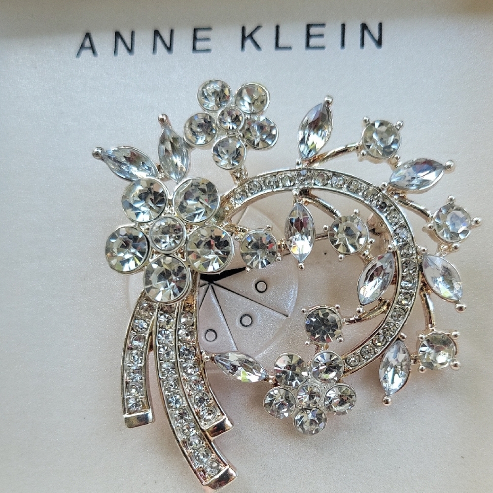 Anne Klein Gold and Silver Crystal Floral Brooch